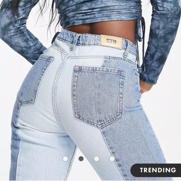 ASOS Stradivarius Two Tone Contrast Straight Leg Jeans - Picture 2 of 4